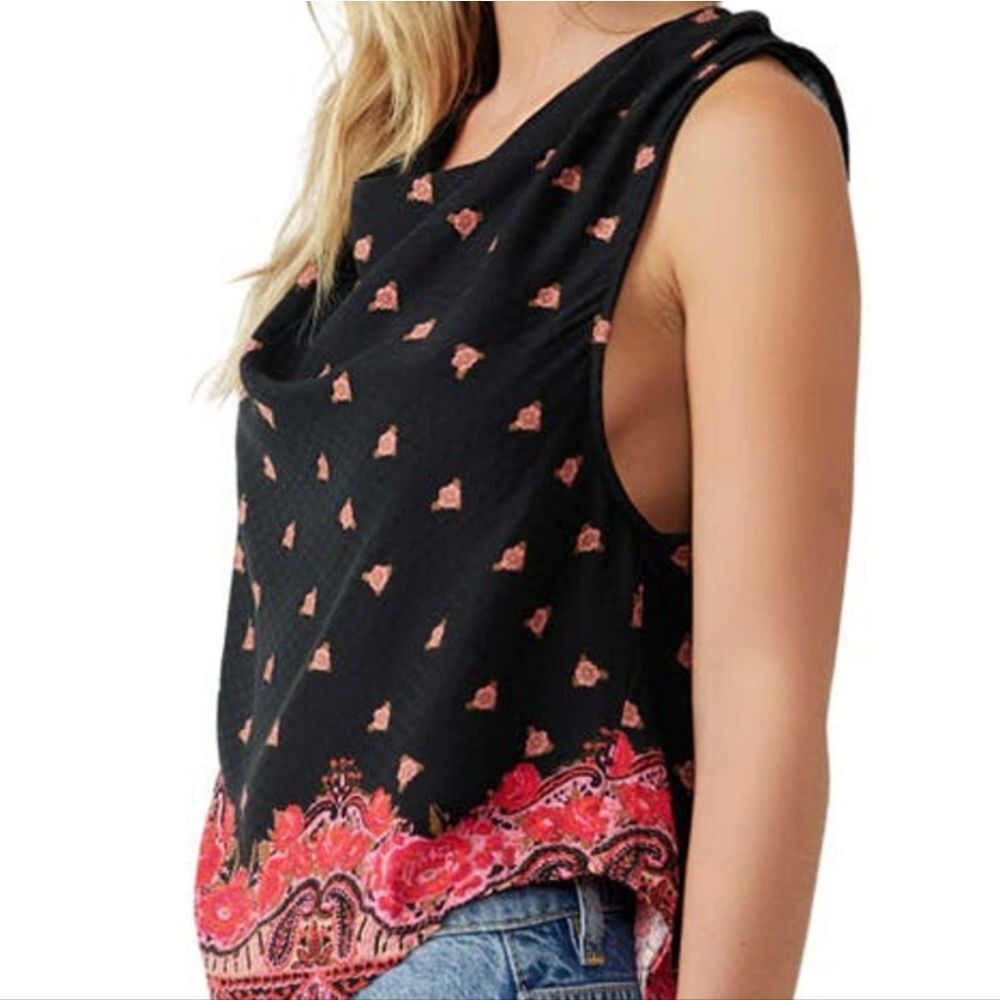 Free People Silas Printed Cowl Neck Top-‎ Black Combo